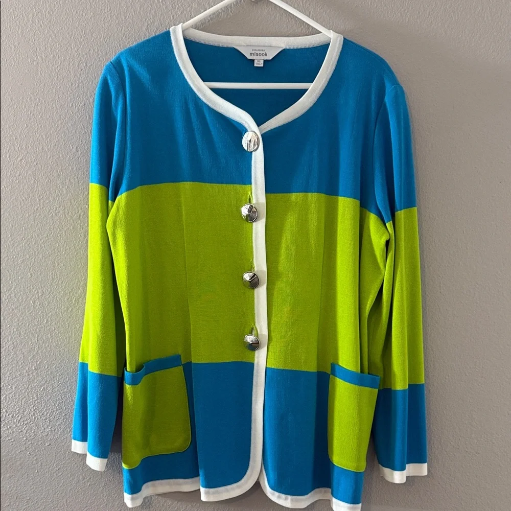 Exclusively Misook Blue and Lime Green Cardigan Sweater XL Vintage